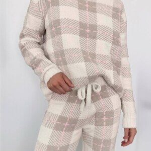 Cozy Plaid Knit Pajama Set - Cream & Taupe with Pink Accent